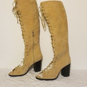 Laceup Stacked Heel boots Peep toe Nude Faux suede